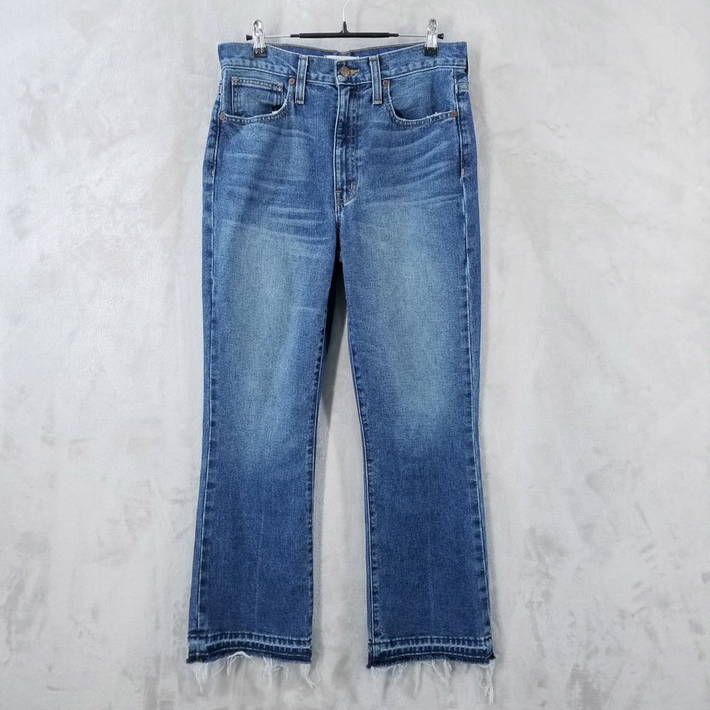 Madewell Retro Crop Bootcut Jeans Medium‎ Wash Distressed Frayed Hem Women 27T